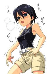 Rule 34 | 1girl, bare shoulders, belt, black hair, blue eyes, blush, breasts, character request, covered erect nipples, non-web source, short hair, shorts, small breasts, solo, sweat, tank top, trembling