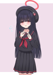 Rule 34 | 1girl, beret, black hair, black serafuku, blue archive, blunt bangs, blush, breasts, collar, commentary request, efu (ehutan), embarrassed, halo, hat, highres, hime cut, justice task force member (blue archive), looking at viewer, open mouth, red eyes, school uniform, serafuku, simple background, small breasts, solo