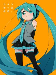 Rule 34 | 1girl, aqua eyes, aqua hair, aqua necktie, arms behind back, bare shoulders, black skirt, black thighhighs, blush, detached sleeves, expressionless, feet out of frame, from below, grey shirt, hair ornament, hatsune miku, headphones, headset, light blush, long hair, looking at viewer, looking down, necktie, orange background, satou asuka, shirt, skirt, sleeveless, sleeveless shirt, solo, standing, thighhighs, translated, twintails, twintails day, very long hair, vocaloid, zettai ryouiki