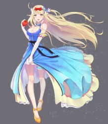 Rule 34 | 1girl, alternate costume, apple, azur lane, bare shoulders, blonde hair, blue dress, blue eyes, blush, bow, breasts, bridal garter, centaur (azur lane), cleavage, cosplay, disney, dress, elbow gloves, elf, floating hair, food, fruit, full body, gloves, hair bow, hair ornament, highres, holding, holding food, holding fruit, light particles, long hair, looking at viewer, mary janes, medium breasts, open mouth, orange footwear, pointy ears, red bow, shoes, sidelocks, signature, sleeveless, sleeveless dress, smile, snow white, snow white (disney), snow white (disney) (cosplay), snow white and the seven dwarfs, solo, very long hair, white gloves, you ni ge shaobing
