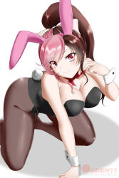 Rule 34 | 1girl, all fours, alternate costume, alternate hairstyle, animal ears, bare arms, bare shoulders, black leotard, blush, bow, bowtie, breasts, brown eyes, brown hair, brown pantyhose, cleavage, closed mouth, detached collar, eyes visible through hair, fake animal ears, female focus, fishnet pantyhose, fishnets, hair ribbon, hand up, head tilt, heterochromia, high heels, highres, kimmy77, large breasts, leotard, long hair, looking at viewer, multicolored hair, neo politan, no shoes, pantyhose, pink bunny ears, pink eyes, pink hair, playboy bunny, ponytail, rabbit ears, rabbit tail, red bow, red bowtie, ribbon, rwby, shadow, sidelocks, simple background, smile, solo, split-color hair, strapless, strapless leotard, tail, two-tone hair, white background, white ribbon, wrist cuffs
