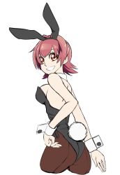 Rule 34 | 1girl, animal ears, black leotard, brown pantyhose, detached collar, fake animal ears, from behind, grin, kantai collection, kinu (kancolle), leotard, looking at viewer, looking back, orange eyes, pantyhose, playboy bunny, rabbit ears, rabbit tail, red hair, short hair, simple background, smile, solo, strapless, strapless leotard, tail, udukikosuke, white background, wrist cuffs
