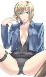 Rule 34 | 1girl, aya brea, black panties, blonde hair, blue eyes, drugs, kansuke, mouth hold, open clothes, open shirt, panties, parasite eve, parasite eve ii, pill, shirt, short hair, solo, spread legs, thigh strap, underwear, unzipped