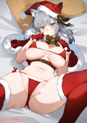 Rule 34 | 1girl, animal ears, ass, blue archive, blue hair, breasts, hat, highres, large breasts, looking at viewer, partially visible vulva, santa costume, santa hat, shiroko (blue archive), simao (x x36131422), wolf ears