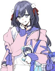 Rule 34 | 1girl, :q, alternate costume, alternate hairstyle, bag, black hair, blue neckerchief, blue sailor collar, blush, choker, grey eyes, hair ornament, hair ribbon, hand on own chin, handbag, heart, heart choker, highres, jacket, licking lips, long hair, neckerchief, nijisanji, pink jacket, pom pom (clothes), pom pom hair ornament, ponto nei, ribbon, sailor collar, sailor shirt, shirt, sleeves past wrists, solo, srkm ice, stuffed animal, stuffed toy, tongue, tongue out, two side up, virtual youtuber, white background