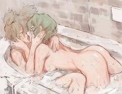 Rule 34 | 2girls, ass, bathtub, breasts, brown eyes, brown hair, commentary request, eye contact, french kiss, green hair, highres, hug, indoors, kiss, looking at another, medium breasts, multiple girls, no headwear, nude, partially submerged, pointy hair, same-sex bathing, senmura, shared bathing, short hair, soga no tojiko, thighs, touhou, toyosatomimi no miko, water, yuri