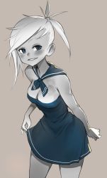 Rule 34 | 1girl, absurdres, asymmetrical hair, blue dress, blue eyes, blue sailor collar, blush, breasts, cleavage, detached collar, dress, grin, highres, limited palette, looking at viewer, medium breasts, medium hair, narrow waist, no bra, one side up, original, sailor collar, smile, solo, standing, strapless, strapless dress, xaxaxa