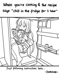 Rule 34 | 1girl, asymmetrical legwear, book, can, character name, commentary, crossed legs, drink can, english text, greyscale, guin guin, hair ribbon, in container, in refrigerator, isokaze (kancolle), kantai collection, kneehighs, long hair, long sleeves, meme, monochrome, parody, pleated skirt, reading, refrigerator, refrigerator interior, ribbon, school uniform, serafuku, single kneehigh, single sock, single thighhigh, sitting, skirt, socks, soda can, thighhighs, too literal, tress ribbon, uneven legwear