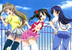 Rule 34 | 10s, 3girls, :d, ;d, absurdres, amisaki ryouko, ass, black hair, black legwear, blue hair, bow, brown eyes, casual, day, hair bow, hands on own hips, highres, legs, long hair, looking back, love live!, love live! school idol festival, love live! school idol project, minami kotori, multiple girls, non-web source, nyantype, off shoulder, official art, one eye closed, open mouth, pants, ponytail, railing, red eyes, red shirt, scan, shirt, skirt, sky, smile, sonoda umi, t-shirt, thighhighs, twintails, very long hair, white legwear, wink, yazawa nico, yellow eyes, yellow shirt, zettai ryouiki