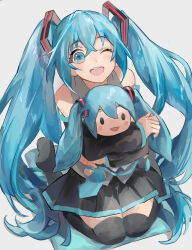 Rule 34 | 1girl, aqua eyes, aqua hair, black skirt, black sleeves, black thighhighs, character doll, commentary, cushion, detached sleeves, grey shirt, hair between eyes, hatsune miku, highres, himukai aoi, holding, holding stuffed toy, long hair, looking at viewer, one eye closed, open mouth, pleated skirt, seiza, shirt, sitting, skirt, sleeveless, sleeveless shirt, smile, solo, stuffed toy, thighhighs, thighs, twintails, very long hair, vocaloid, white background, zabuton