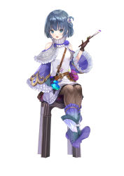 Rule 34 | 1girl, atelier (series), atelier lydie &amp; suelle, bare shoulders, belt, blue eyes, blue hair, boots, flower, full body, gloves, hair ornament, neige chintreuil, neige chintreuil, official art, open mouth, paintbrush, rose, simple background, sitting, solo, thighhighs, white background