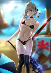 Rule 34 | 1girl, absurdres, artoria pendragon (all), artoria pendragon (alter swimsuit rider) (second ascension) (fate), artoria pendragon (fate), beach, bikini, black bow, bow, breasts, choker, collarbone, day, fate/grand order, fate (series), gun, highres, hq19910119, lips, looking to the side, maid headdress, medium breasts, navel, rifle, saber (fate), saber alter, scope, silver hair, sniper rifle, solo, standing, swimsuit, sword, thigh gap, thighhighs, underboob, weapon, wind, yellow eyes