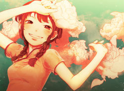 Rule 34 | 1girl, arms up, braid, brown eyes, brown hair, bubble, chinese clothes, cloud, flower, grin, happy, looking at viewer, nishio, original, queue, red theme, short sleeves, sky, smile, solo, twin braids, water