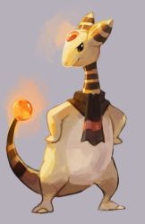 Rule 34 | ampharos, black eyes, clothed pokemon, creatures (company), full body, game freak, gen 2 pokemon, glitchedpuppet, glowing, grey background, hands on own hips, highres, nintendo, no humans, pokemon, pokemon (creature), pokemon mystery dungeon, scarf, simple background, smile, solo, striped