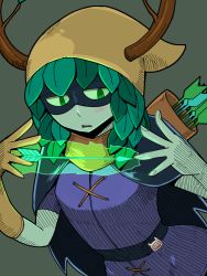 Rule 34 | 1girl, adventure time, antlers, arrow (projectile), blush, breasts, colored skin, green hair, green skin, highres, hood, horns, huntress wizard, long hair, magic, mask, misonou hirokichi, monster girl, solo