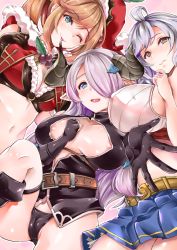 Rule 34 | 10s, 3:, 3girls, :d, :p, ao (time-leap), areola slip, black gloves, black panties, blonde hair, blue eyes, blush, boots, braid, breasts, brown eyes, clarisse (granblue fantasy), cleavage, crop top, draph, finger to mouth, fingerless gloves, girl sandwich, gloves, granblue fantasy, green eyes, hair over one eye, hat, horns, large breasts, light purple hair, long hair, looking at viewer, midriff, multiple girls, narmaya (granblue fantasy), navel, no pants, one eye closed, open mouth, outstretched arm, outstretched hand, panties, pointy ears, ponytail, sandwiched, santa costume, santa hat, silva (granblue fantasy), silver hair, skirt, smile, tongue, tongue out, underwear, very long hair, yellow eyes