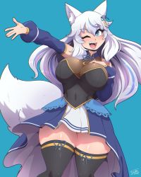 Rule 34 | 1girl, animal ears, bare shoulders, black thighhighs, blue background, blue eyes, breasts, cleavage, cowboy shot, curvy, detached sleeves, dress, eink, fang, fox ears, fox girl, fox tail, hair between eyes, hand on own chest, highres, indie virtual youtuber, large breasts, long hair, long sleeves, lumi (merryweather), multicolored hair, navel, one eye closed, open mouth, puffy sleeves, ryou sakai, shiny clothes, shiny skin, skin tight, skirt, smile, solo, standing, tail, teeth, thick thighs, thighhighs, thighs, two-tone hair, upper teeth only, virtual youtuber, white hair, wide hips, zettai ryouiki