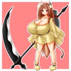 Rule 34 | 1girl, ayazumi flutter, black eyes, blush, breasts, brown hair, cleavage, collarbone, cow girl, cow horns, cow tail, female focus, full body, horns, huge breasts, long hair, miniskirt, original, scythe, shoes, simple background, skirt, solo, standing, tail, very long hair, weapon