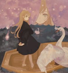 Rule 34 | 2girls, afloat, artist name, bird, black capelet, black dress, blonde hair, capelet, chisato charme, clone, closed mouth, dress, expressionless, falling star, from behind, giant, giantess, grey eyes, high heels, highres, long hair, long sleeves, looking at viewer, looking back, multiple girls, one eye covered, opening, original, peeking out, pink curtains, print curtains, puffy long sleeves, puffy sleeves, reflection, reflective water, rowboat, splashing, standing, star (symbol), star print, swan, water