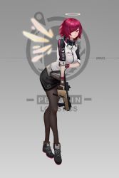 Rule 34 | 1girl, absurdres, arknights, black footwear, black pantyhose, black skirt, breasts, chinese commentary, commentary request, exusiai (arknights), full body, grey background, gun, hair over one eye, halo, high collar, highres, holding, holding gun, holding weapon, jacket, looking at viewer, medium breasts, miniskirt, mr.yu, pantyhose, penguin logistics logo, raglan sleeves, red eyes, red hair, shoes, short hair, short sleeves, skirt, solo, standing, weapon, white jacket