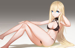 Rule 34 | 1girl, armpits, ass, bad id, bad pixiv id, bare arms, bare legs, barefoot, bikini, black bikini, blonde hair, blue eyes, breasts, cleavage, closed mouth, covered erect nipples, criss-cross halter, crossed legs, eyelashes, gradient background, halterneck, hand in own hair, hand up, highres, knees up, large breasts, long hair, looking at viewer, navel, nero (nilu), original, simple background, smile, solo, stomach, swimsuit, very long hair