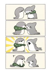 Rule 34 | 4koma, animal focus, black mouth, comic, commentary, fish, green scarf, highres, no humans, open mouth, original, penguinbox, sacabambaspis, scarf, shark, silent comic, simple background, standing, triangle mouth