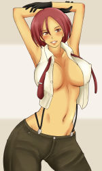 Rule 34 | 1girl, armpits, bad id, bad pixiv id, bare shoulders, blush, breasts, covered erect nipples, female focus, highres, large breasts, midriff, mature female, momo 765, navel, necktie, unworn necktie, open clothes, open shirt, pants, red hair, shirt, short hair, snk, solo, suspenders, the king of fighters, vanessa (kof)