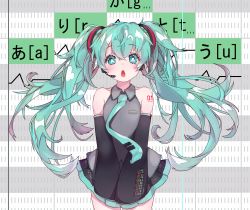 Rule 34 | 1girl, :o, absurdres, bad id, bad twitter id, cowboy shot, detached sleeves, floating hair, green eyes, green hair, hatsune miku, headset, highres, long hair, looking at viewer, microphone, necktie, open mouth, relila, skirt, solo, standing, twintails, vocaloid