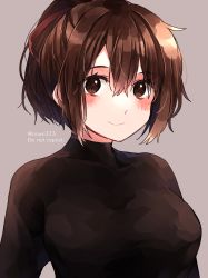 Rule 34 | 1girl, amot 211, black shirt, blush, breasts, brown eyes, brown hair, grey background, hair ribbon, highres, ise (kancolle), kantai collection, large breasts, looking at viewer, one-hour drawing challenge, ponytail, red ribbon, ribbon, shirt, simple background, smile, solo, twitter username, undershirt, upper body