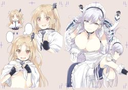 Rule 34 | 2girls, anchor, apron, azur lane, belfast (azur lane), black gloves, blonde hair, blush, braid, breasts, brown eyes, capelet, chain, cleavage, cleveland (azur lane), collar, collarbone, commentary, corset, embarrassed, fingerless gloves, french braid, frilled apron, frills, full-face blush, gloves, hair ornament, large breasts, long hair, looking at viewer, maid, maid apron, maid headdress, multiple girls, multiple views, nakayama miyuki, nervous smile, no bra, nose blush, one side up, open mouth, parted bangs, silver hair, small breasts, smile, sweat, teeth, underboob, upper body, white apron