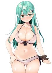 Rule 34 | 1girl, 3:, aqua hair, bikini, blush, breasts, byte (allbyte), cleavage, closed mouth, collarbone, covered erect nipples, cowboy shot, embarrassed, green eyes, hair between eyes, hair ornament, hairclip, halterneck, hand under clothes, highres, kantai collection, large breasts, long hair, looking at viewer, navel, pink bikini, side-tie bikini bottom, sidelocks, simple background, skindentation, solo, stomach, straight hair, suzuya (kancolle), sweatdrop, swimsuit, tan, tanline, upper body, white background