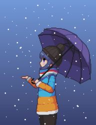 Rule 34 | 1girl, beanie, black hat, blue background, blue hair, from side, gradient background, hat, holding, holding umbrella, long sleeves, melit, multicolored clothes, outdoors, pixel art, purple eyes, purple umbrella, shima rin, short hair, snowing, solo, standing, umbrella, winter clothes, yurucamp