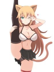 Rule 34 | 1girl, animal ears, bad id, bad pixiv id, bikini, bikini top only, black panties, black skirt, blonde hair, breasts, bright pupils, cameltoe, cat ears, cat tail, cleavage, closed mouth, collarbone, cowboy shot, eyebrows hidden by hair, gluteal fold, green eyes, halterneck, heart, highres, large breasts, light smile, long hair, looking at viewer, midriff, miniskirt, navel, noda eishi, one eye closed, original, panties, pantyshot, pleated skirt, simple background, single thighhigh, skindentation, skirt, split, standing, standing on one leg, standing split, swimsuit, tail, thigh strap, thighhighs, tsurime, underwear, very long hair, w, w over eye, white background, white bikini