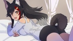 Rule 34 | 1girl, :d, animal ear fluff, animal ears, ass, black choker, black hair, black shorts, brown eyes, choker, dated, high ponytail, highres, hololive, looking at viewer, lying, multicolored hair, on stomach, ookami mio, ookami mio (casual), open mouth, red hair, shinmai (kyata), shirt, shorts, sidelocks, sleeves past wrists, smile, solo, streaked hair, tail, twitter username, virtual youtuber, white shirt, wolf ears, wolf girl, wolf tail