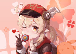 Rule 34 | 1girl, ;p, absurdres, ahoge, backpack, bag, brown gloves, brown scarf, cabbie hat, candy, clover print, coat, commentary request, dodoco (genshin impact), food, genshin impact, gloves, hair between eyes, hat, hat feather, hat ornament, highres, holding, holding candy, holding food, hood, hooded coat, klee (genshin impact), licking, light brown hair, lollipop, long hair, long sleeves, looking at viewer, low twintails, one eye closed, orange eyes, pointy ears, randoseru, red coat, red hat, scarf, sidelocks, simple background, smile, solo, stuffed animal, stuffed toy, tongue, tongue out, twintails, v, yi xiang ren