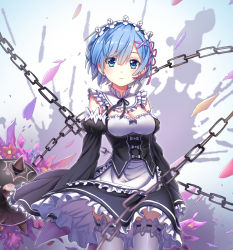 Rule 34 | 10s, 1girl, apron, arms at sides, ball and chain (weapon), black dress, black ribbon, blue dress, blue hair, blunt bangs, blush, bow, breasts, chain, cherry blossoms, chunrijun (springer), cleavage, closed mouth, cowboy shot, detached sleeves, dress, flail, flower, frilled dress, frilled shirt collar, frills, grey background, guangfu bao tong meng0-0, hair ornament, hair ribbon, hairband, hairclip, highres, juliet sleeves, long sleeves, looking at viewer, medium breasts, pink flower, pink ribbon, puffy sleeves, re:zero kara hajimeru isekai seikatsu, rem (re:zero), ribbon, ribbon-trimmed legwear, ribbon trim, short hair, simple background, solo, spiked ball and chain, thighhighs, waist apron, weapon, white apron, white bow, wide sleeves, x hair ornament, zettai ryouiki