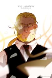 Rule 34 | 1boy, beard, blonde hair, character request, expressionless, facial hair, floating neckwear, fullmetal alchemist, glasses, highres, long hair, looking at viewer, low ponytail, male focus, mature male, necktie, r.l (2089184064), solo, straight-on, tears from one eye, thick eyebrows, upper body, vest