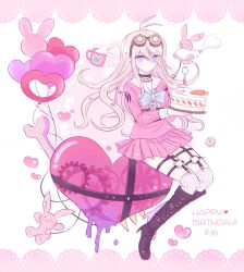Rule 34 | 1girl, 8takenokonosato8, ahoge, antenna hair, balloon, barbed wire, black footwear, blonde hair, blue eyes, boots, breasts, cake, choker, cleavage, closed mouth, commentary, danganronpa (series), danganronpa v3: killing harmony, dated, food, fork, full body, gloves, goggles, goggles on head, hair between eyes, hands up, happy birthday, heart, highres, holding, holding cake, holding food, iruma miu, knee boots, long hair, looking at viewer, medium breasts, messy hair, miniskirt, o-ring, o-ring bottom, over-kneehighs, pink skirt, pleated skirt, sailor collar, school uniform, serafuku, sitting, skirt, solo, striped clothes, striped thighhighs, stuffed animal, stuffed rabbit, stuffed toy, thighhighs, tools, white thighhighs