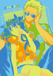 Rule 34 | 1boy, 1girl, adjusting eyewear, alternate costume, archer (fate), arm up, belt, blue background, closed mouth, collared shirt, commentary request, couple, cropped shirt, english text, eyewear on head, fate/stay night, fate (series), floral print, forehead, green shirt, hawaiian shirt, hetero, highres, lemon print, long hair, looking at viewer, male focus, midriff, navel, one eye closed, orange print, pants, shimatori (sanyyyy), shirt, short sleeves, simple background, sitting, smile, sunglasses, sunglasses on head, tohsaka rin, twintails