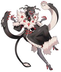 Rule 34 | 1girl, @ @, absurdres, black dress, black hair, black teeth, blunt bangs, boots, claw ring, claws, colored sclera, colored skin, digitigrade, dress, extra arms, eyeshadow, full body, fur-trimmed dress, fur-trimmed sleeves, fur trim, grey footwear, grey skin, high heel boots, high heels, highres, inu fuji, leg up, looking at viewer, makeup, monster girl, open mouth, original, red eyes, red eyeshadow, red nails, sharp teeth, short hair, simple background, smile, solo, suction cups, teeth, tentacle hair, white background, yellow sclera