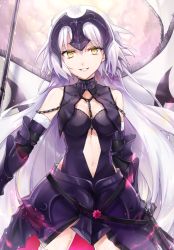 Rule 34 | 1girl, armor, bare shoulders, black capelet, black gloves, black leotard, breasts, capelet, chain, choker, cleavage, clothing cutout, cloud, commentary request, cowboy shot, elbow gloves, fate/grand order, fate (series), faulds, flag, fur trim, gauntlets, gloves, grin, headpiece, hsiao, jeanne d&#039;arc (fate), jeanne d&#039;arc alter (avenger) (fate), jeanne d&#039;arc alter (fate), leotard, long hair, looking at viewer, medium breasts, navel, navel cutout, silver hair, smile, solo, sparkle, teeth, thighhighs, very long hair, yellow eyes