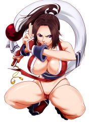 Rule 34 | 1girl, bouzu oyaji, breasts, brown hair, cameltoe, cleft of venus, fatal fury, ikumo taisuke, large breasts, ponytail, serious, shiranui mai, simple background, snk, solo, squatting, the king of fighters