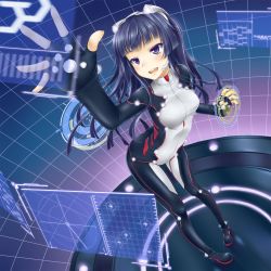 Rule 34 | 10s, 1girl, blue eyes, blue hair, blurry, blush, bodysuit, depth of field, fingerless gloves, floating screen, gloves, guilty crown, headset, highres, long hair, matching hair/eyes, okitakung, open mouth, pigeon-toed, solo, tsugumi (guilty crown)