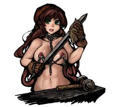 Rule 34 | anvil, bdsm, blacksmith, breasts, brown hair, collar, collarbone, completely nude, cowboy shot, darkest dungeon, gloves, green eyes, hammer, holding, holding sword, holding weapon, jefuty (artist), linked piercing, long hair, looking at viewer, medium breasts, navel, nipple bells, nipple piercing, nipple rings, nipples, no bra, nude, open mouth, piercing, slave, sword, transparent background, very long hair, weapon