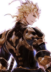 Rule 34 | 1boy, ahoge, armor, blonde hair, blue eyes, draph, erune, from side, granblue fantasy, harvin, holding, holding weapon, long hair, looking at viewer, male focus, open mouth, profile, seofon (granblue fantasy), smile, uroko (mnr), weapon
