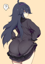 Rule 34 | 1girl, ?, @ @, ahoge, alternate breast size, ass, ass focus, bags under eyes, breasts, clothes lift, cowboy shot, creatures (company), dress, dress lift, from behind, game freak, hairband, hex maniac (pokemon), highres, huge ass, kedamono kangoku-tou, long hair, looking back, messy hair, nintendo, npc trainer, pokemon, pokemon xy, purple eyes, purple hair, ribbed sweater, smile, solo, spoken question mark, sweater, thick thighs, thighs, wavy mouth