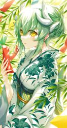 Rule 34 | 1girl, blush, dragon horns, fate/grand order, fate (series), green hair, hand up, highres, horns, japanese clothes, kimono, kiyohime (fate), long hair, long sleeves, looking at viewer, morizono shiki, obi, open mouth, sash, smile, snake, solo, tanabata, upper body, wide sleeves, yellow eyes