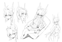 Rule 34 | !?, 1girl, absurdres, book, breasts, demon horns, glasses, highres, holding, holding book, horns, looking at viewer, looking down, looking up, medium breasts, nekojira, open mouth, original, smile, sweater, thea (nekojira), thighs, underwear, white background, wide-eyed