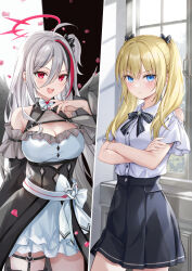 Rule 34 | 2girls, :d, ahoge, bare shoulders, black bow, black dress, black hair, black sleeves, blonde hair, blue eyes, bow, breasts, cleavage, closed mouth, clothing cutout, collared shirt, commentary request, copyright request, crossed arms, detached sleeves, dress, dress shirt, frilled dress, frills, grey hair, hair between eyes, hair bow, hair over shoulder, halo, hand up, higeneko, highres, long hair, long sleeves, medium breasts, multicolored hair, multiple girls, nail polish, one side up, open mouth, petals, red hair, red nails, shirt, shoulder cutout, small breasts, smile, streaked hair, twintails, v-shaped eyebrows, very long hair, virtual youtuber, white dress, white shirt, window