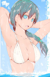 Rule 34 | 1girl, armpits, bad id, bad twitter id, bare arms, bare shoulders, bikini, blue eyes, blue sky, braid, break blade, breasts, cleavage, cleo saubraffe, collarbone, commentary request, gradient hair, green eyes, hair ornament, highres, large breasts, long hair, looking at viewer, multicolored hair, open mouth, single braid, sky, solo, swimsuit, translation request, upper body, water, wet, white bikini, yoshinaga yunosuke